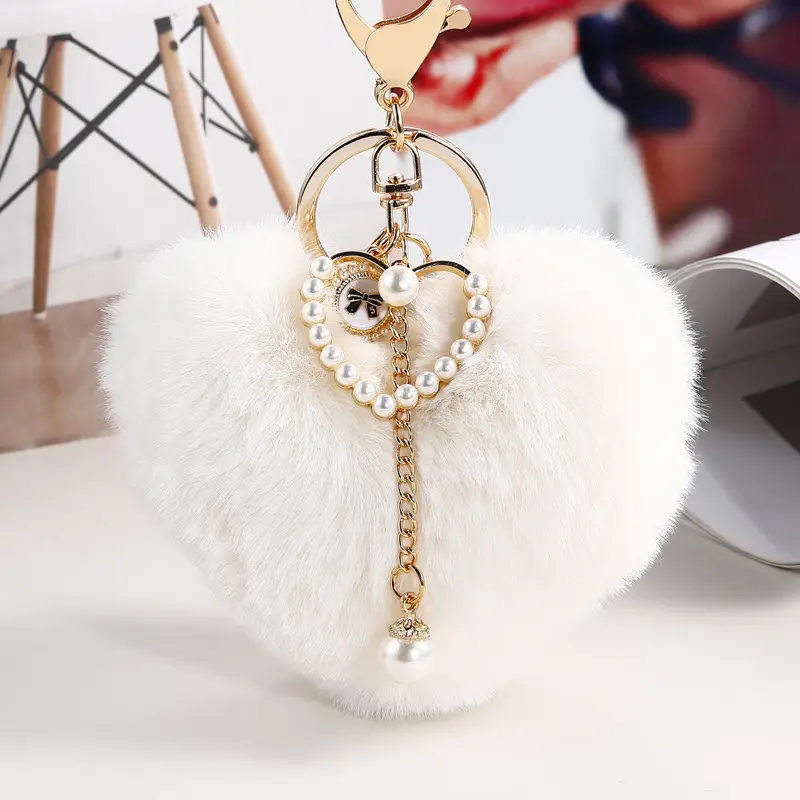 Heart Wool Ball Pearl Keychain Peach Heart Handbag Pendant
