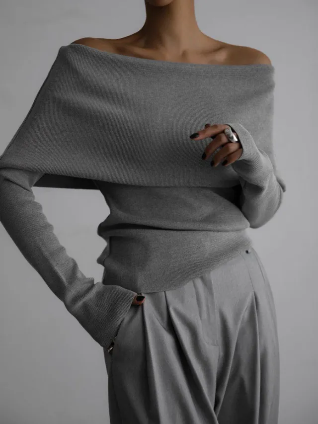 Long Sleeve Knitted Bottoming Shirt Off shoulder Gray - Shop at LoveMi