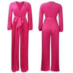 V-neck Lace Up Pleated Wide-leg Plus Size Jumpsuit - Rose Red - View 1