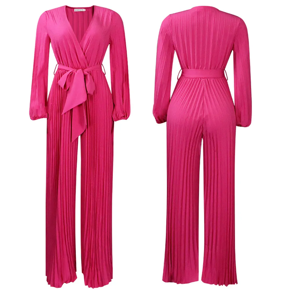 V-neck Lace Up Pleated Wide-leg Plus Size Jumpsuit - Rose Red