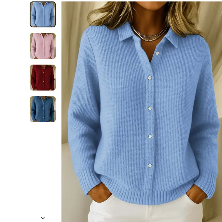 Casual Fashion Button Knitted Lapel Sweater For Women Long Sleeve Knitted Sweaters Tops Winter Jumper - Sky Blue
