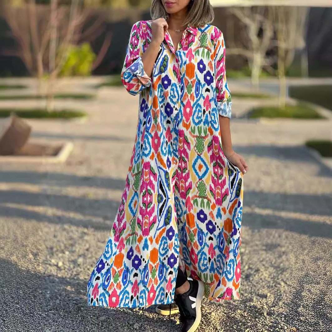 Elegant Square Collar Long Sleeve Printed Shirt Skirt Dress
