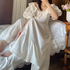 Retro Hepburn Court Style Girl Puff Sleeve Loose Dress - Hepburn White - View 1