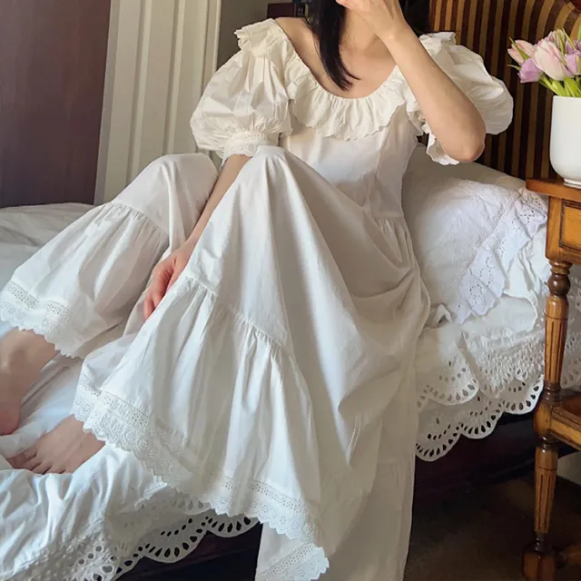 Retro Hepburn Court Style Girl Puff Sleeve Loose Dress White - Shop at LoveMi