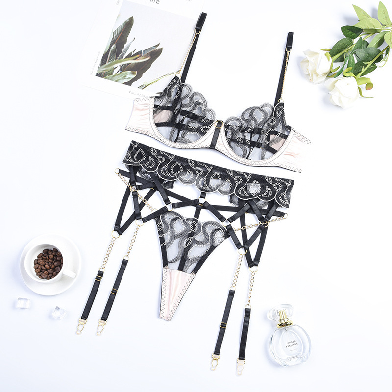Women's Fashion Embroidery Comfortable And Breathable With Steel Ring Underwear Set Black Skin Color - Shop at LoveMi