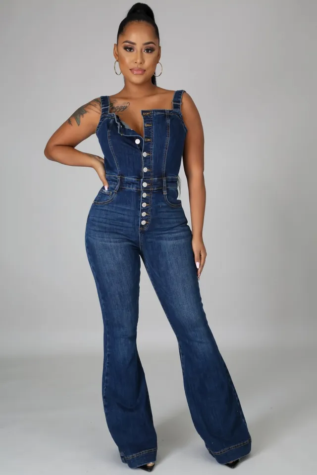 Women's Fashion Casual Denim Jumpsuit Dark Blue - Shop at LoveMi