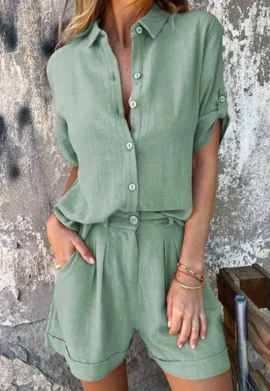 Short sleeved Suits Fashion Lapel Button Shirt Top And Pocket Shorts Women's Clothing Green sage green - Shop at LoveMi