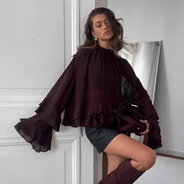 Brown Ruffled Chiffon Lace Stand Up Collar Shirt Brown - Shop at LoveMi