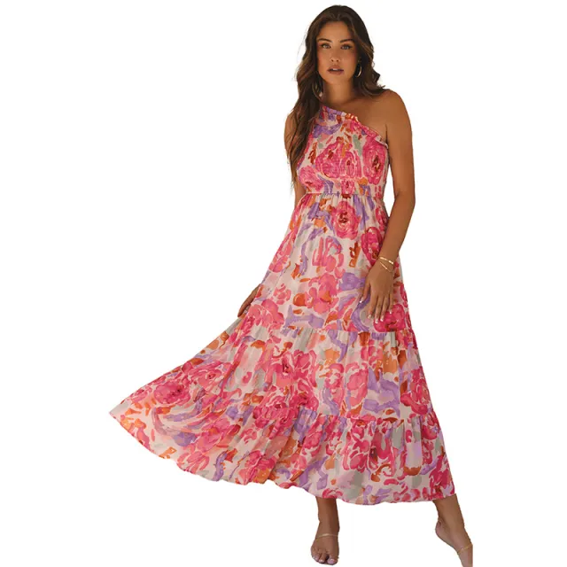 Color Matching One Shoulder High Waist A Line Dress Lc6122433 Pink - Shop at LoveMi