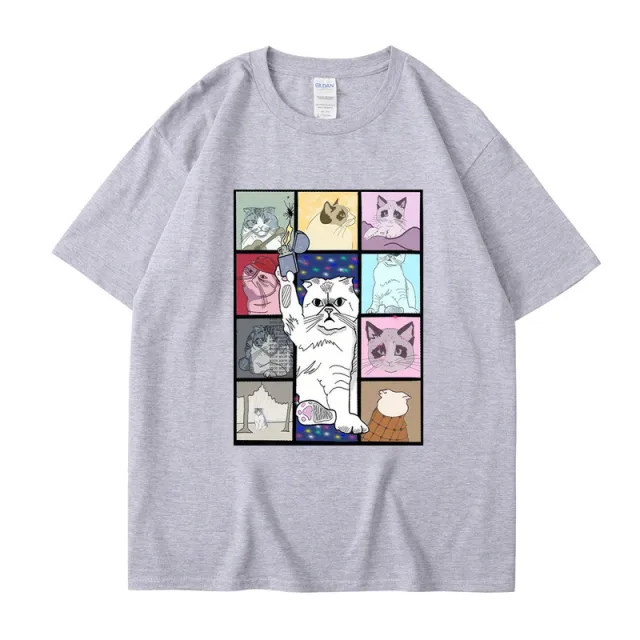 Animal Dog Cat Printed T shirt Loose Hip Hop Street Gray - Shop at LoveMi