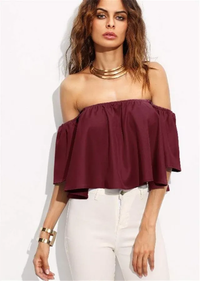 Women's Solid Color Off shoulder Top Burgundy - Shop at LoveMi
