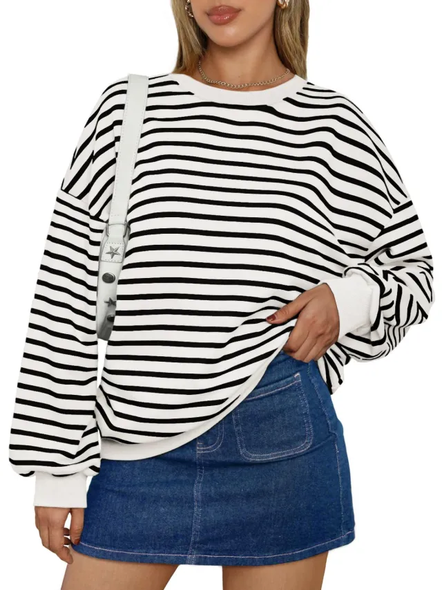 Women's Colorful Striped Round Neck Loose Sweatshirt White - Shop at LoveMi