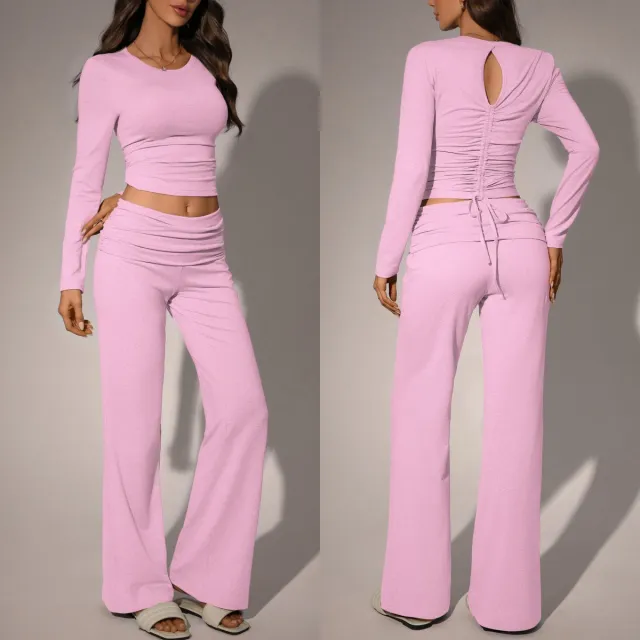 Womens Solid Color Casual Fashion Top And Pants Set Pink - Shop at LoveMi