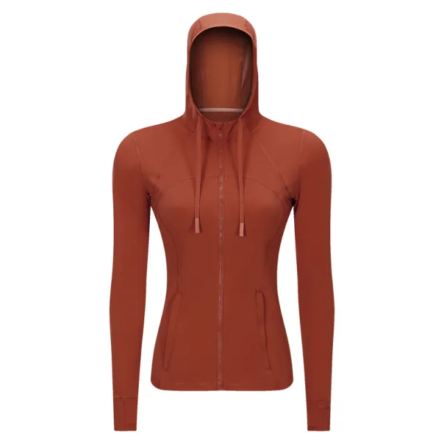 Women's Sports Hooded Jacket Slim fit Zipper Elastic Running Yoga Clothes Caramel Red - Shop at LoveMi