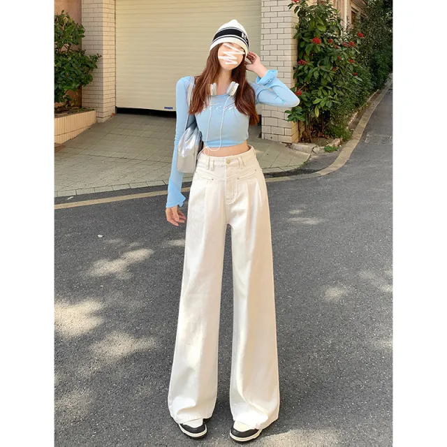 Autumn New Wide Leg Jeans For Women Beige Pants - Shop at LoveMi