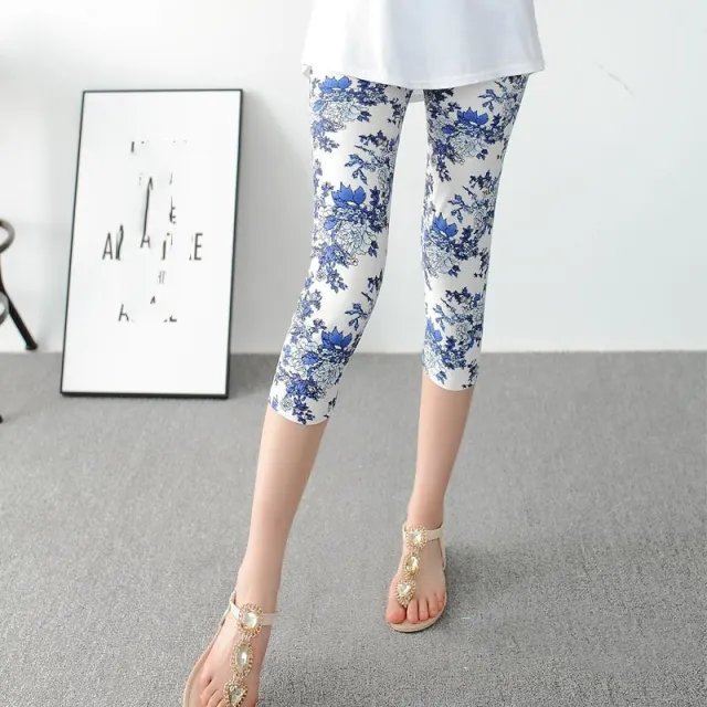 Flower Cropped Pants Women's Stretch Milk Silk Printed Leggings Peony Blue And White - Shop at LoveMi