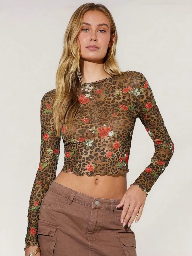 Leopard Print Flower Printed Mesh Round Neck Short Long sleeved Brown - Shop at LoveMi