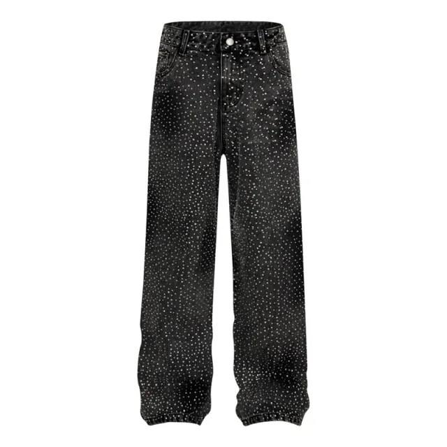 Special interest Design Pants Rhinestone Loose Straight Wide Leg Casual Jeans Black - Shop at LoveMi