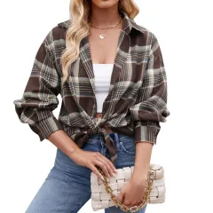 Casual Fashion Street Loose Plaid Shirt For Women - Brown - View 1