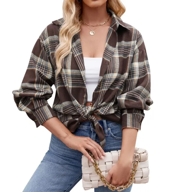 Casual Fashion Street Loose Plaid Shirt For Women Brown - Shop at LoveMi