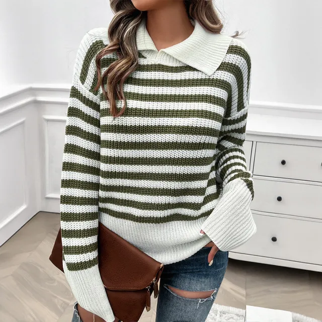 Top Women's Loose Lapels Striped Long Sleeve Army Green - Shop at LoveMi