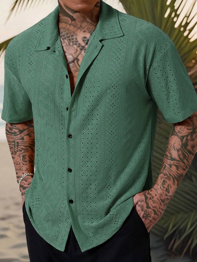 Mens Versatile Hollow-Out Jacquard Casual Shirt