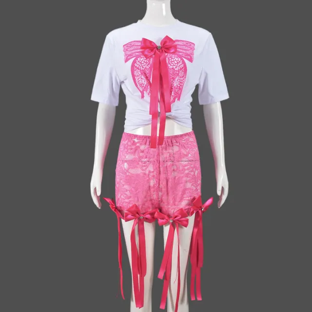 Sexy 3D Butterfly Printed Loose Top Lace Trendy Shorts Suit Women Rose Red Suit - Shop at LoveMi
