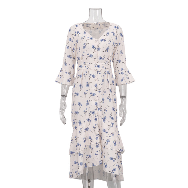 Asymmetric V-neck Flared Sleeves Floral Dress