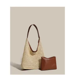 Retro Straw Woven Tote Bag Shoulder Large Capacity Beach Bag - Brown - View 1