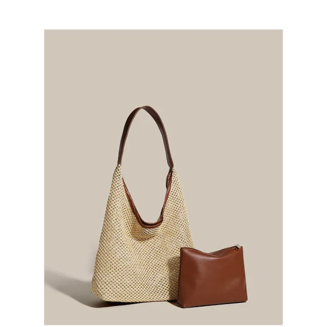 Retro Straw Woven Tote Bag Shoulder Large Capacity Beach Bag Brown - Shop at LoveMi