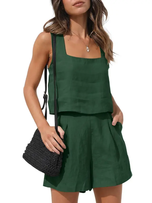 Linen Shorts Sleeveless Top Vest Dark Green - Shop at LoveMi