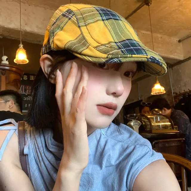 Dopamine Retro Plaid Advance Hats Women's Spring And Autumn Yellow - Shop at LoveMi