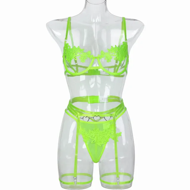 Fluorescent Green Water soluble Embroidery Flower Mesh Chest Hollow Sexy Underwear Three piece Set Fluorescent Green - Shop at LoveMi