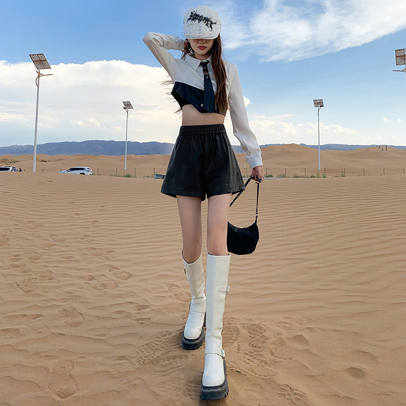 Petite Women's Leather Shorts Stretch High Waist A-line Summer Pants