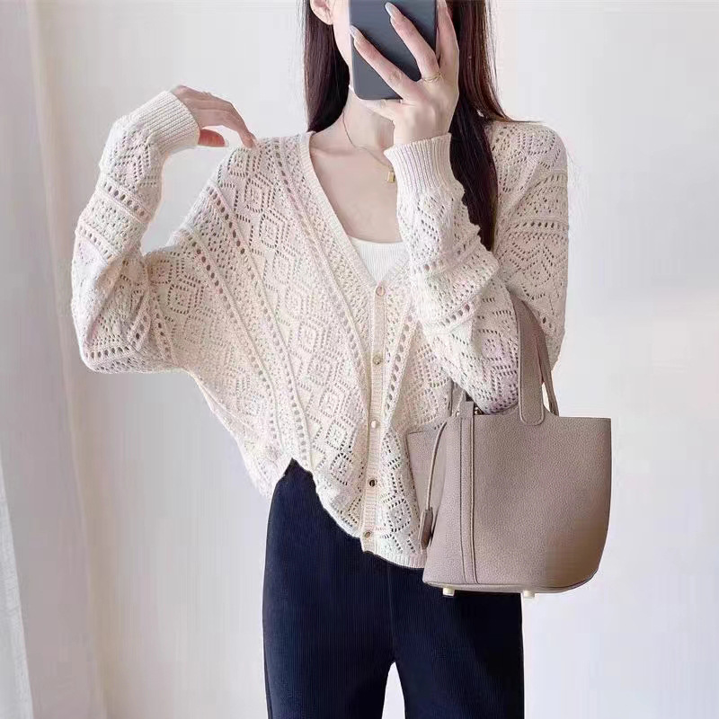 French Bohemian Style Hollow-out Thin Knitted Cardigan Women's Breathable V-neck Long Sleeve