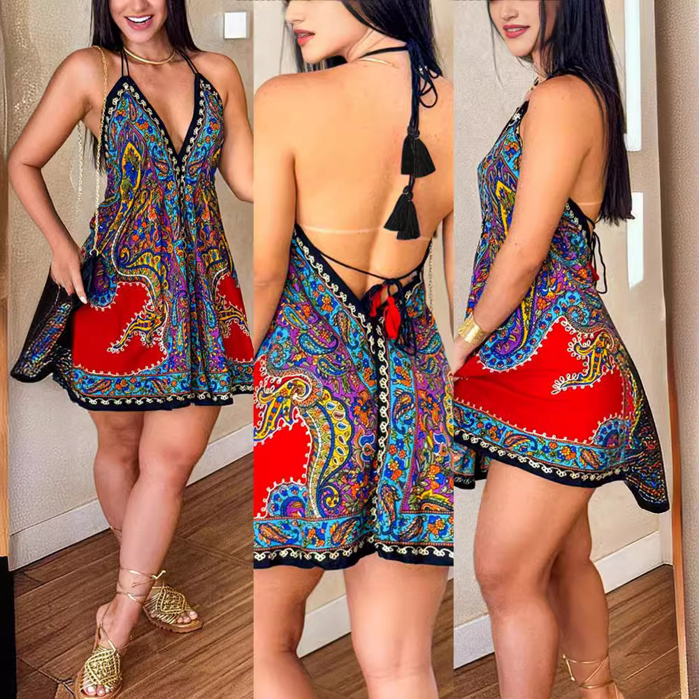 Retro Printed V-neck Dress Women