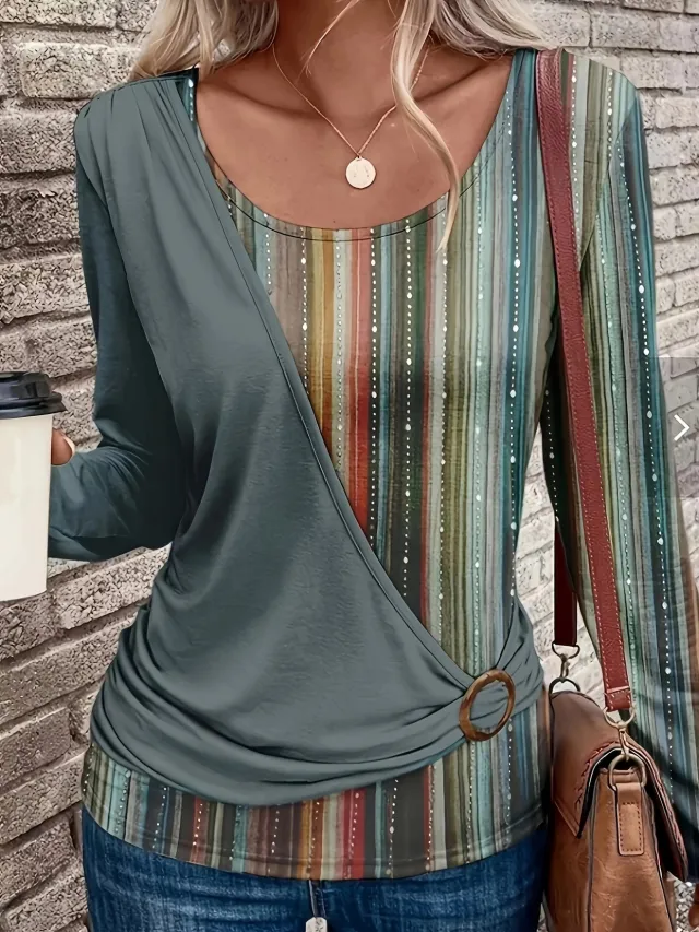 New Round Neck Stitching Printing Casual Long Sleeve Loose T shirt Green - Shop at LoveMi