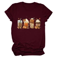 Women's Loose New Print Short Sleeve European And American Fashion T-shirt Top - Wine Red - View 1