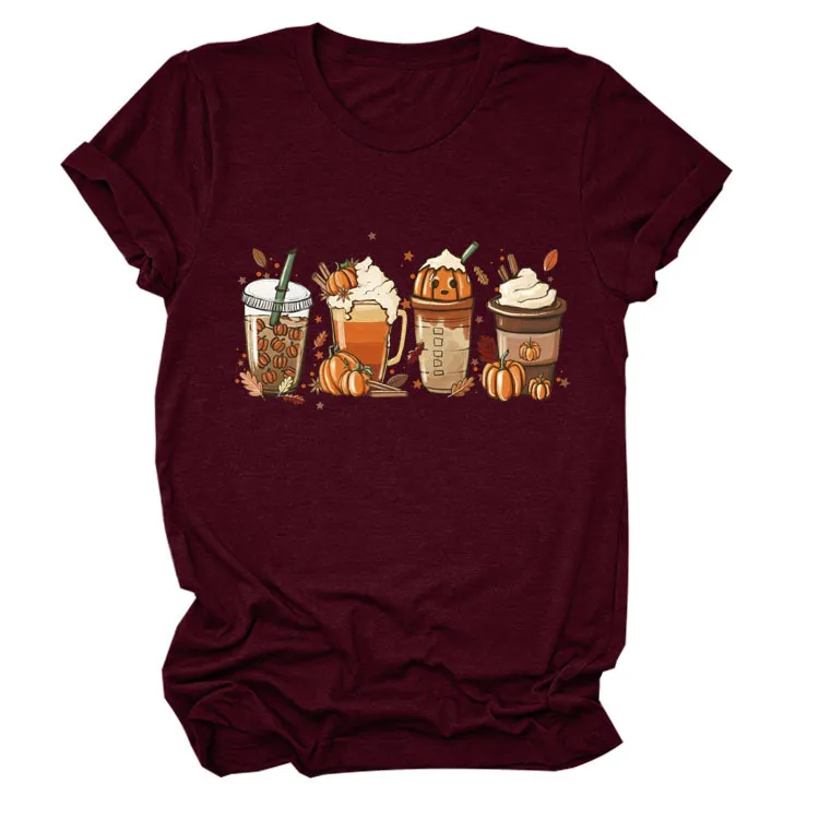 Women's Loose New Print Short Sleeve European And American Fashion T-shirt Top - Wine