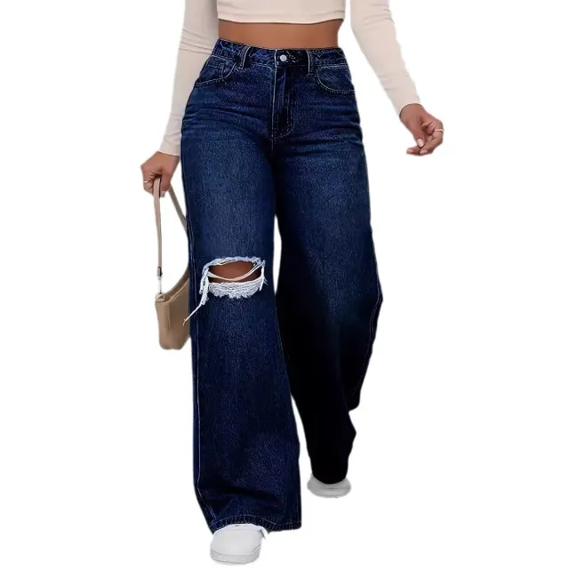 Women's Ripped Wide legged Jeans Dark Blue - Shop at LoveMi