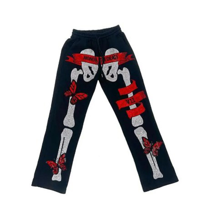 Fashion Hip Hop Street Hot Diamond Bone Print Strap Loose Pants