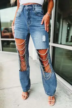 Big Ripped Jeans Women's Chain Ornaments Straight-leg Pants - Denim Deep Blue - View 1