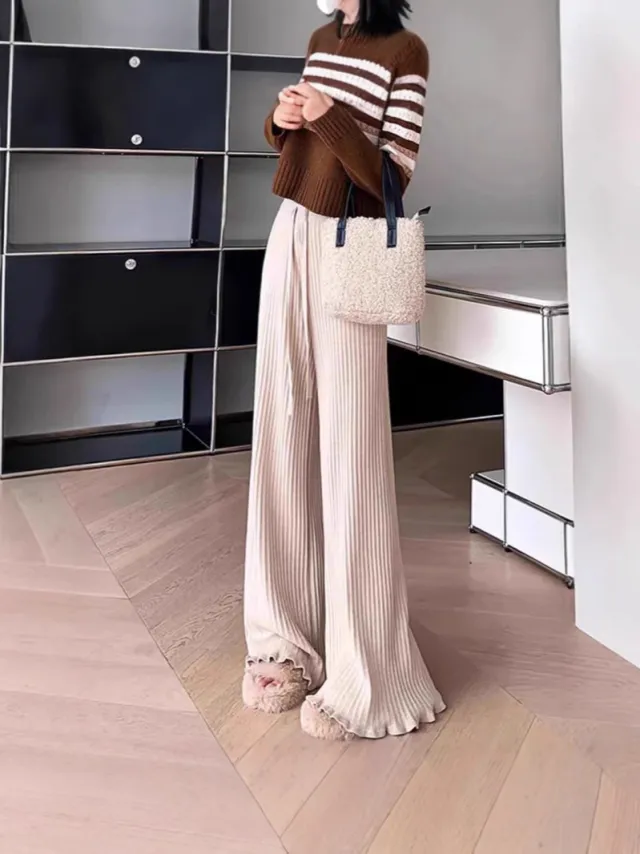 Wooden Ear Elastic High Waist Lace up White Knitted Fabric All match Wide Leg Pants Khaki - Shop at LoveMi