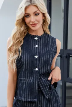 Women's Washed New Striped Casual Denim Shorts Suit - Striped Top - View 1