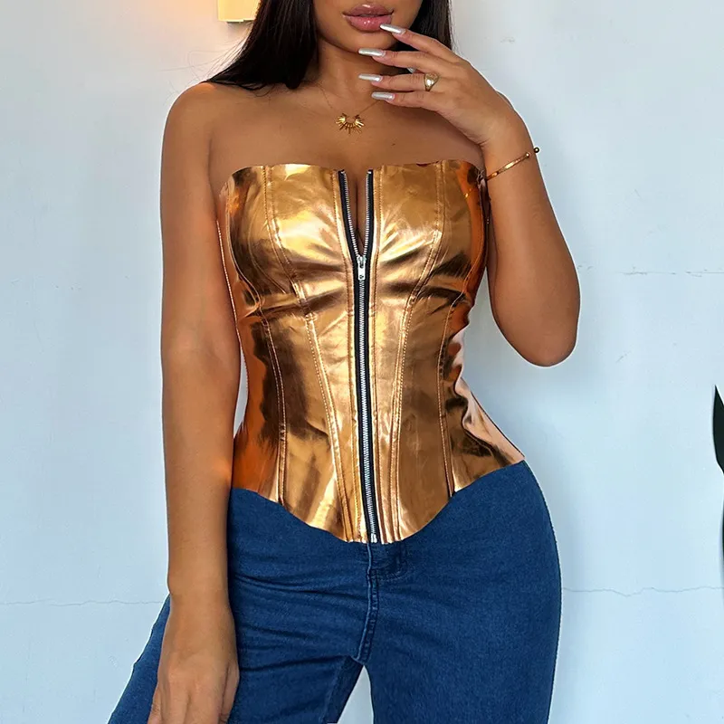 Sexy Fashion-forward Metallic Patent Leather Tube Top - Gold