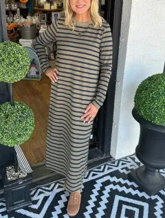 Women's Fashion Striped Slit Round Neck Dress Knitted And Emerized Dress - Olive Green - View 1