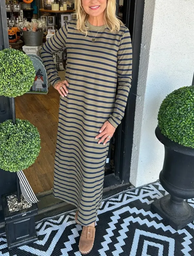 Women's Fashion Striped Slit Round Neck Dress Knitted And Emerized Dress Olive Green - Shop at LoveMi