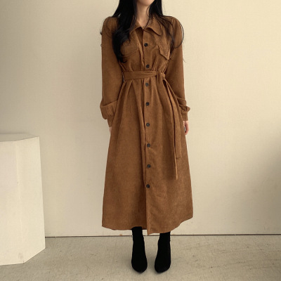 Autumn Winter Retro Lapel Single Breasted Lace up Waist controlled Long Corduroy Dress Women Khaki - Shop at LoveMi
