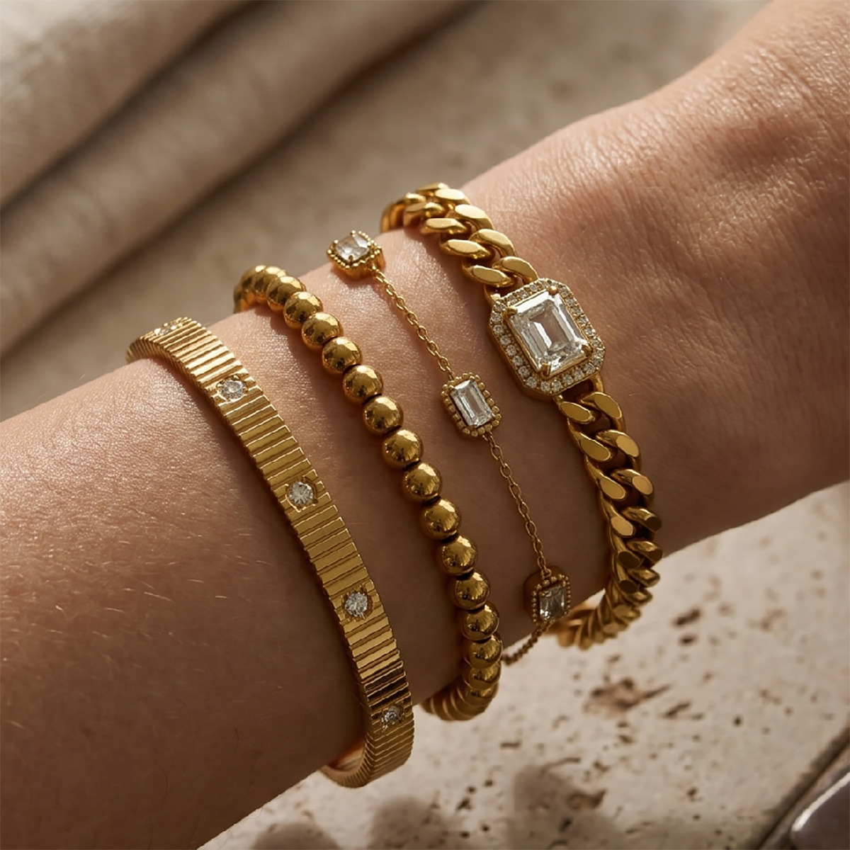 Minimalist Stainless Steel Bracelet With Vertical Stripes And Diamond Accents
