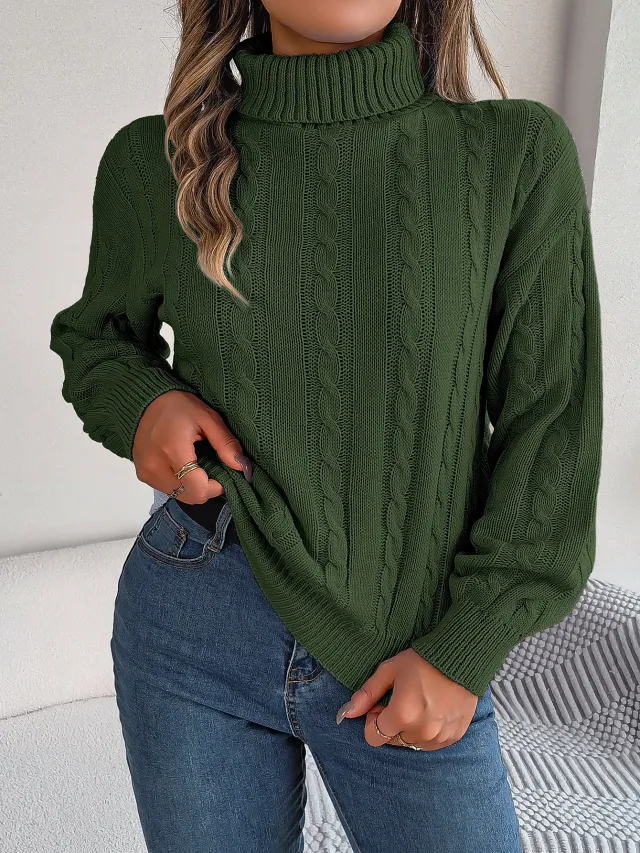 Women's Casual Solid Color Twist Long Sleeve Turtleneck Sweater Army Green - Shop at LoveMi